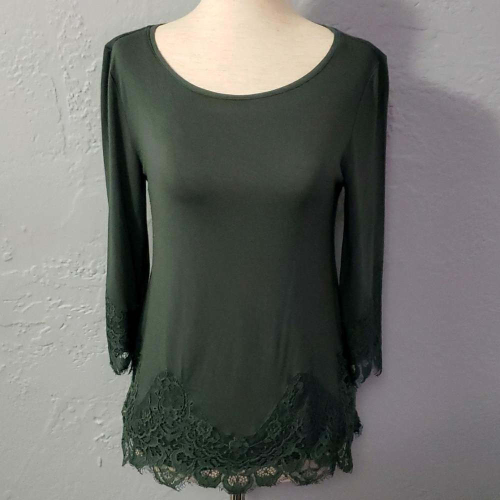 SALE WHBM - Green Lace Trimmed Top